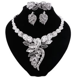 Dubai Silver Plated Fashion Bridal Wedding Necklace Bracelet Earrings Ring Indian Jewellery Set for Women