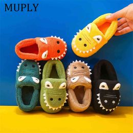 Winter Warm Home Kids Fur Slippers Cute dinosaur Pattern Indoor Cartoon Baby Slippers Soft Sole Rubber Bottom Children Shoes 211119