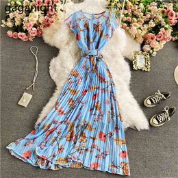 Chiffon Women Flower Maxi Holiday Dress Short Sleeve Fashion Lady Bodycon A Line Dresses Chic Pleated Vestidos Summer 210601