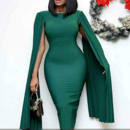 Women Bodycon Dresses Clock Sleeves Pleated Green Christmas Party Celebrate Event Occastion Slim African Fashion Elastic Robes 210416