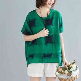 Arrival Summer Women Loose Casual Short Sleeve O-neck T Shirt All-matched Plaid Print Cotton Linen T-shirt W263 210512