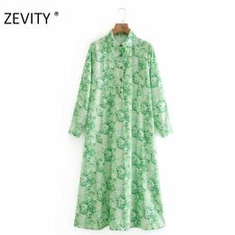 ZEVITY women fashion turn down collar print green shirt dress office ladies button business vestido chic straight dresses DS4434 210603