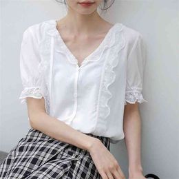 Elegant V Neck Women Prom White Shirts Blouse Summer Gentle Single-breasted Female Workwear Tops Blusas 210601