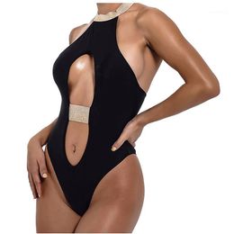 Women's Swimwear Sexy Cut Out Women One Piece Glossy Belt Black White Bodysuit 2021 Maillot De Bain Femme Une