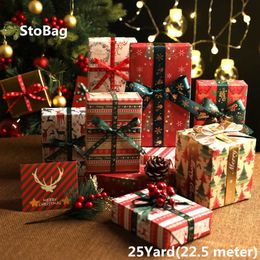 StoBag 25Yards Merry Christmas Colour Decoration Ribbon DIY Handmade Candy Decorating Christmas Child Gift Box Package Paper 210602