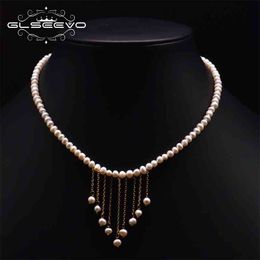 GLSEEVO Original Natural Freshwater Pearl Necklace Couple Proposal Copper With 18k gold-plated Exquisite Pendant Jewellery GN0248