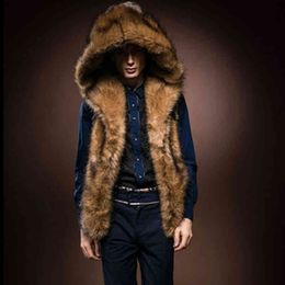 Faux Fur Coats Hooded Single Breasted Slim Vintage Men Autumn Winter Fur Vest Men's Selling Fur Hooded Vest 211207