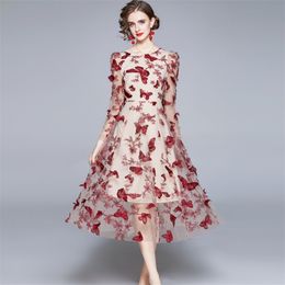 Vintage Mesh Butterfly Embroidery Dress Vestidos Women Spring Elegant O-Neck Puff Sleeve High Waist Slim 210519