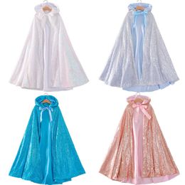 Kids Sequins Snow Queen Hooded Cloak Girls Princess Witch Cosplay Costume Children Halloween Carnival Dress Up Performance Suit Q0716