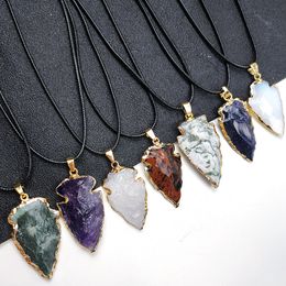 Natural Agate Obsidian Healing Crystal Gilded Edge Arrow Pendant Original Raw Quartz stone Men Necklace Jewellery