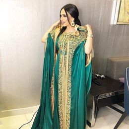 Moroccan Caftan Satin Evening Dresses with Cape Hunter Green Appliques Lace Muslim Prom Dubai Arabic Women Party Dress robe