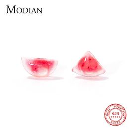 Real 100% 925 Sterling Silver Pink Fruit Watermelon Stud Earrings for Girl And Kids Statement Fine Jewellery Brincos 210707