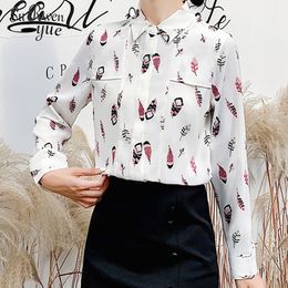 Autumn Fashion Women Chiffon Blouses Casual Elegant Ladies Tops Long Sleeve White Printed 6288 50 210508