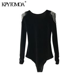 Beading Appliques Velvet Bodysuit Women Fashion Sexy Backless V Neck Crossover Ladies Playsuits Casual Body Femme 210420