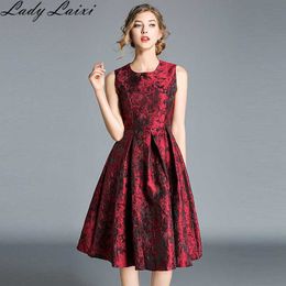 Spring Sleeveless Jacquard Dress Casual Party Slim O-neck Printing Dresses Women's A-line Vintage work Vestidos plus size 210529