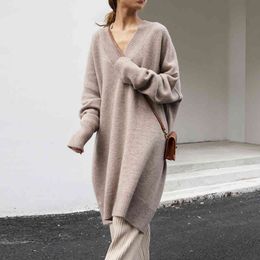 Long sweater female V-neck oversized Loose brown knitted jumper woman pullovers femme Autumn winter streetwear tops 221F 210420