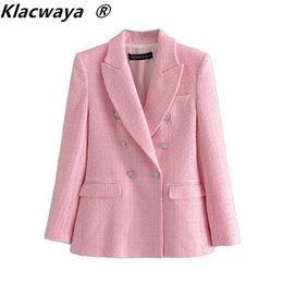 Klacwaya Za Blazer Women Fashion Pink Plaid Texture Casual Spring Autumn Office Double Breasted Coat 210907