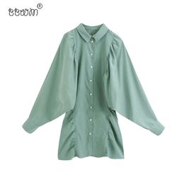 Women Elegant Fashion Pleated Loose Mini Dress Vintage Long Sleeve Button-up Shirt Dresses Vestidos Mujer 210520