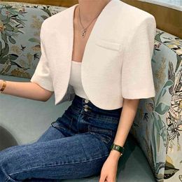 Women Jackets Summer Korean Chic Female V-Neck Short Sleeved Casual Cardigan Coats 210519