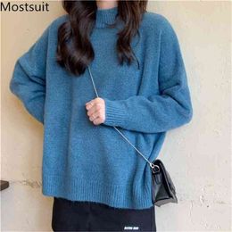 Korean Casual Fashion Knitted Women Sweaters Long Sleeve Mock Neck Solid Pullovers Tops Soft Warm Ladies Jumpers 210513