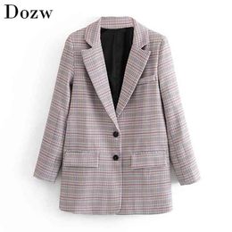 Elegant Ladies Office Plaid Blazers Suits Single Breasted Notched Neck Vintage Coat Women Pockets Decorate Outwear Blazer Mujer 210515