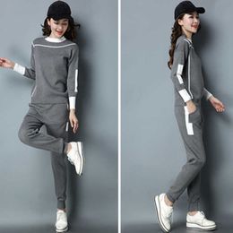 Winter High Quality Women Casual Knitted Sportsuit 2 Piece Set Long Sleeve O Neck Pullover Sweater+Elastic Waist Long Pant Set Y0625