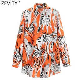 Women Vintage Animal Print Business Smock Blouse Zebra Pattern Casual Shirt Chic Turn Down Collar Blusas Tops LS7642 210420