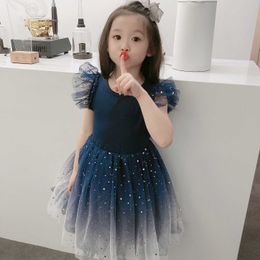 Kids' Clothing Girls Stars Dress for Children Tutu Navy Flutter Sleeve Sequins Princess Spring Sundress 210529