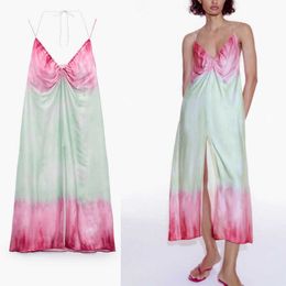 Za Summer Tie Dye Print Long Dress Women Sleeveless Double Strap Ruched Evening Dress Chic Slit Woman Sexy Beach Dresses 210602