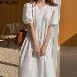 Korejpaa Women Dress Summer Korean Chic Fairy Temperature Soft Round Neck Lace Crochet Hollow Waist Puff Sleeve Vestidos 210526