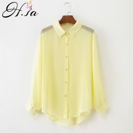 H.SA Women Summer Blouses Long Sleeve Turn Down Collar Irregular Blusa and Tops See Through Chiffon Shirts Yellow White Top 210417