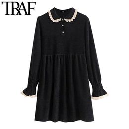 Women Chic Fashion With Lace Trim Ruffled Chenille Mini Dress Vintage Long Sleeve Buttons Female Dresses Mujer 210507