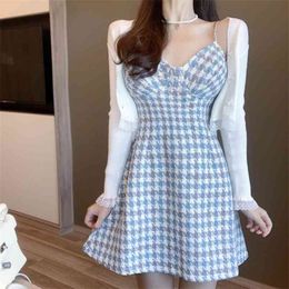 Spring Cute Sweet Two Piece Set Women Long Sleeve Knitted Cardigan + Houndstooth Chain Spaghetti Strap Mini Dress Suits 210514