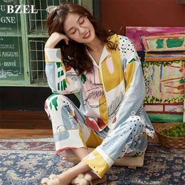 BZEL Autumn Winter Sleepwear Cotton Ladies Pajamas Set Long Sleeves+Pans Underwear Lovely Nightwear Pijama Pyjama M-4XL 210330