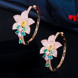 Fashion Hoop earring designer AAA Cubic Zirconia Flowers Copper Jewellery Colourful CZ Circle Earring 18K Gold Plated Valentines Day Gift For Women Teen Girls Party