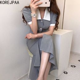 Korejpaa Women Dress Summer Korean Chic Ladies Elegant Temperament Lapel Single-Breasted Puff Sleeve Mermaid Vestidos 210526