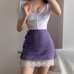 Summer French Retro High Waist Strappy Skirt Feminine Lace Stitching Bag Hip Mini Skirt Purple Slim Casual Skirt Isinbobo S567 X0428