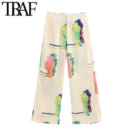 TRAF Women Chic Fashion Print Wide Leg Pants Vintage Zipper Fly Side Pockets Female Trousers Casual Pantalones Mujer 210415