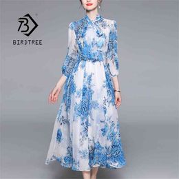 Summer Women's Korean Style Floral Chiffon Midi Scarf Collar Half Puff Sleeve A-line Transparent Elegant Dress D13010X 210416