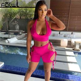 FQLWL Summer Streetwear Bodycon 2 Two Piece Sets Women Outfits Backless Halter Crop Top Hollow Out Soild Shorts Matching Sets X0428