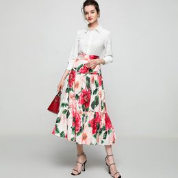 Women's Runway Two Piece Dress Turn Down Collar Long Sleeves White Shirt with Printed Skirt Twinsets