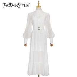 TWOTWINSTYLE Elegant White Dress For Women Stand Collar Lantern Sleeve High Waist Sashes Midi Dresses Female Fashion Clothes 210517