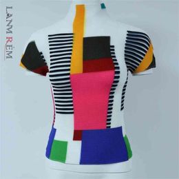 LANMREM Colour block patchwork short sleeve pleated t-shirt for women summer new Turtleneck slim trend elastic tops YJ772 210401