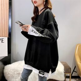 Plus Size Spring Autumn Women Pullovers Hoodies Medium-long Faux Two Piece O Neck Loose Thin Top Sweatshirts Casual Black 210803