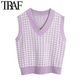 TRAF Women Fashion Oversized Houndstooth Knitted Vest Sweaters VintageSleeveless Side Vents Female Waistcoat Chic Tops 210415