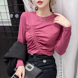 women T Shirt korean Style Folds T-shirts fashion Tshirts Cotton Long Sleeve O-Neck Tops Tee Shirt Femme Spring Fall 210604
