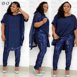 African Women Set Navy Blue Round Neck Batwing Sleeve Office Lady Loose Casual Dashiki Sequined 3 Piece Set X0428