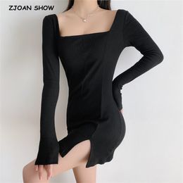 Sexy Side Slit bodycon Mini Dress Retro Women Square Collar Stretch Split Long Sleeve Dresses 210429