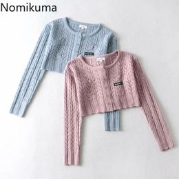 Nomikuma Spring Summer Hollow-out Short Knitted Cardigan Korean Long Sleeve O-neck Sweater Causal Women Knitwear 6E830 210427