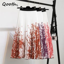 Qooth Stretch Printed Floral Pleated Skirt Mid-length Flexible Waist European Style Skirt Fashion High Waist A-Line Skirt QT579 210518